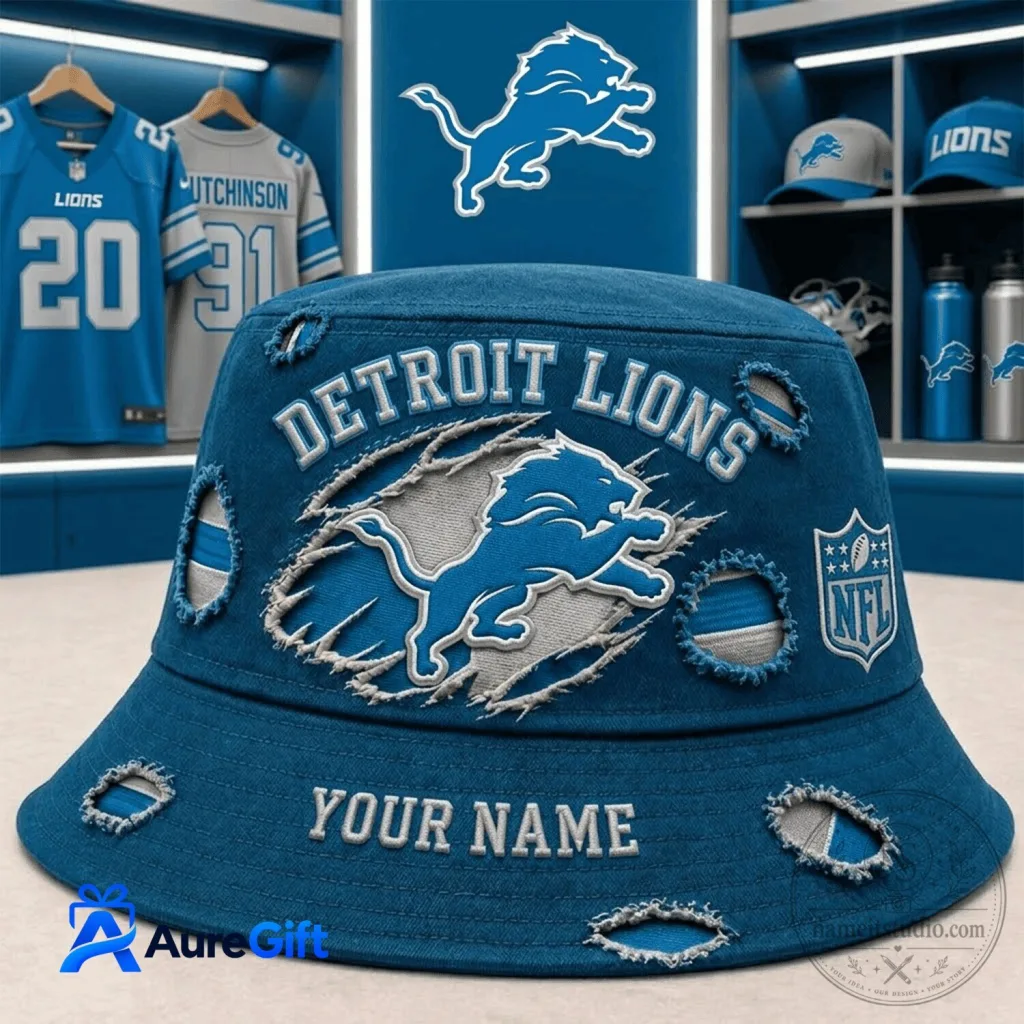 Detroit Lions Personalized Distressed Logo NFL Football Bucket Hat Detroit Lions Personalized Distressed Logo NFL Football Bucket Hat
