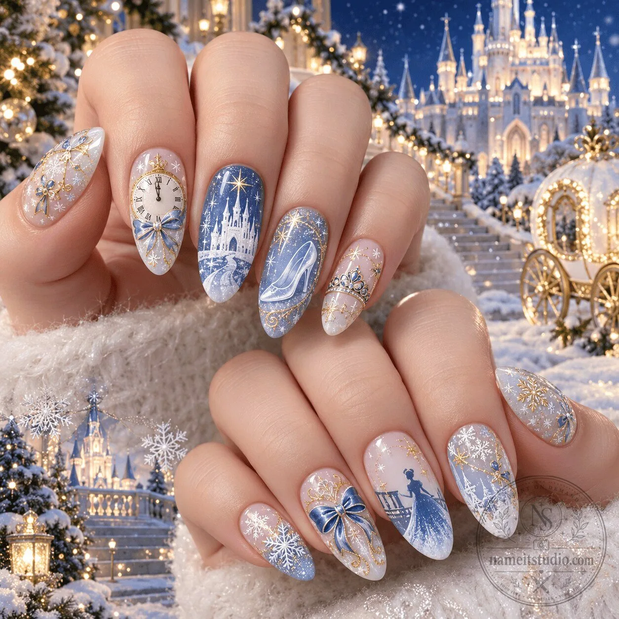 Cinderella Winter Wonderland Press-On Nails with Castle and Slipper Designs