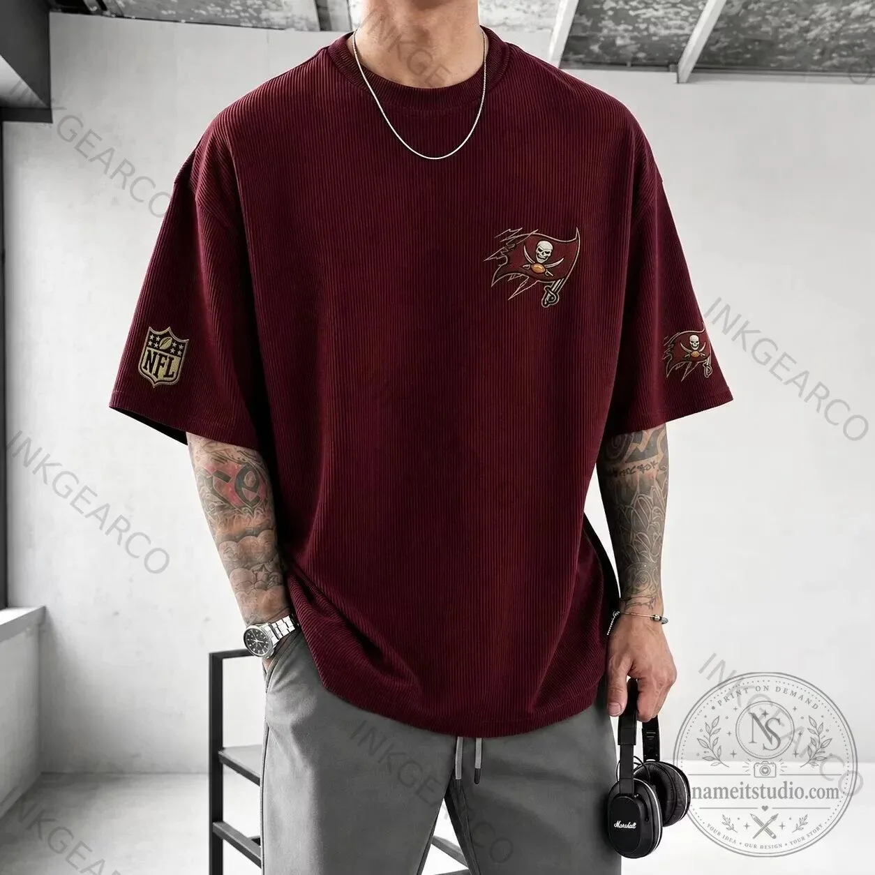 Tampa Bay Buccaneers NFL Embroidered Logo Maroon Oversized T-Shirt
